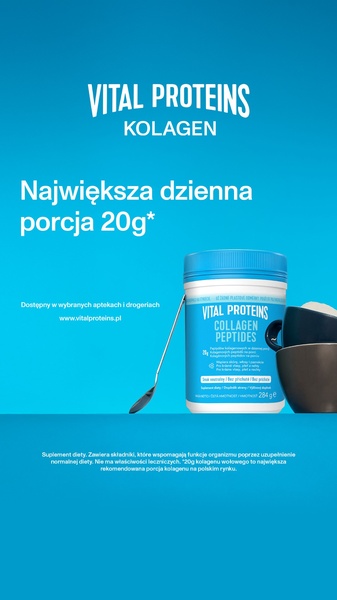 A clean, blue-themed static advertisement showcasing the 20g daily portion of Collagen Peptides with a high-contrast product shot.